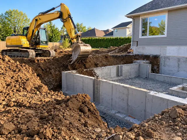 Pelle mécanique jaune creusant près des fondations de béton d’une maison